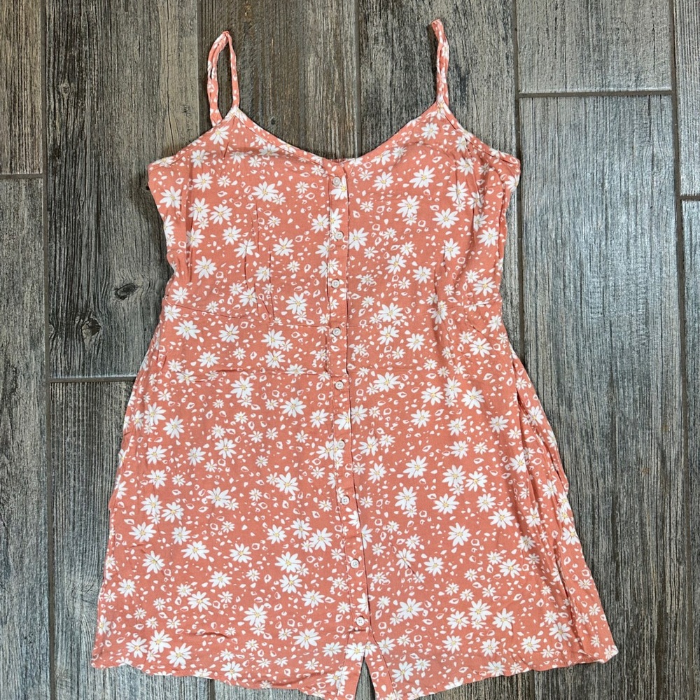 Aerie Coral Daisy Print Button Front Spaghetti Strap Mini Dress L‎